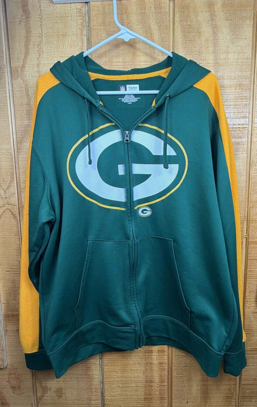 NFL Team Apparel Green Bay Packers Full Zip Hoodie Sweatshirt Green Yellow Large